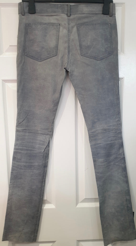 JITROIS Pale Blue Suede Leather Faded Distressed Straight Leg Trousers Pants 40