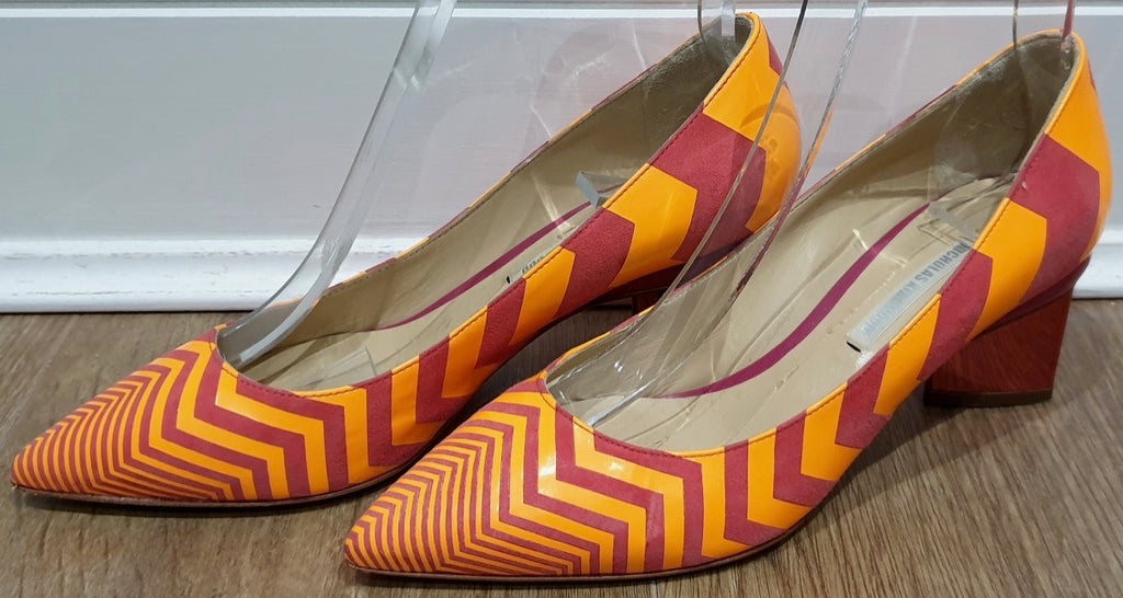 NICHOLAS KIRKWOOD Orange & Red Zig Zag Pointed Metallic Block Heel Pumps Shoes 3
