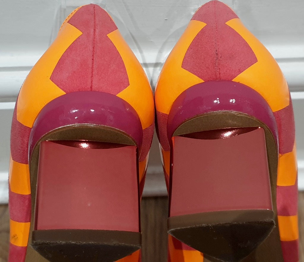 NICHOLAS KIRKWOOD Orange & Red Zig Zag Pointed Metallic Block Heel Pumps Shoes 3