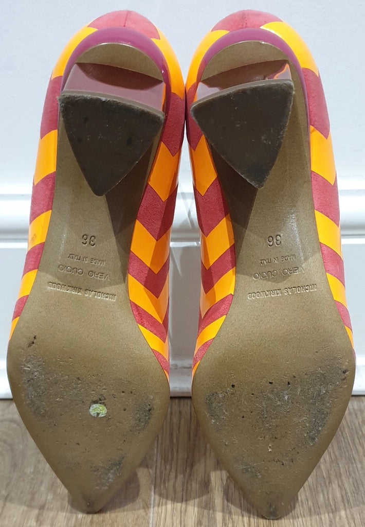 NICHOLAS KIRKWOOD Orange & Red Zig Zag Pointed Metallic Block Heel Pumps Shoes 3
