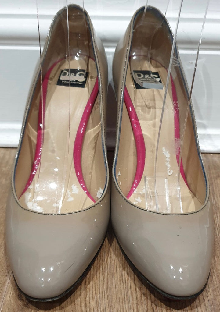 D&G DOLCE & GABBANA Beige Leather Patent High Stiletto Heel Pumps Shoes EU37 UK4