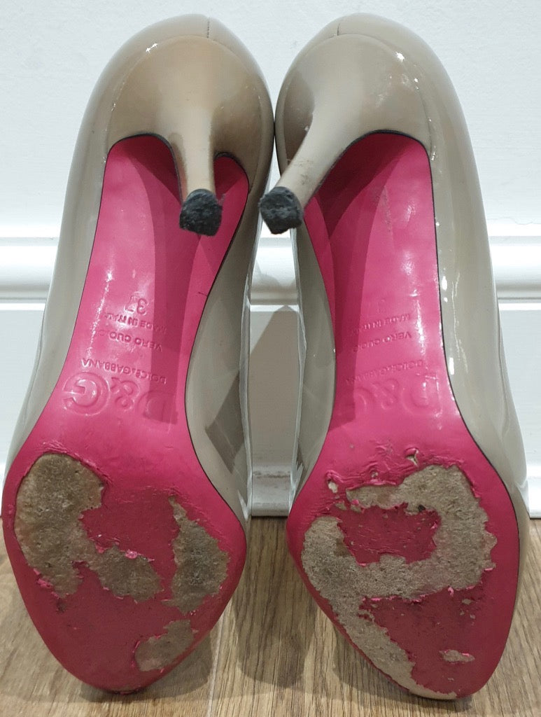 D&G DOLCE & GABBANA Beige Leather Patent High Stiletto Heel Pumps Shoes EU37 UK4