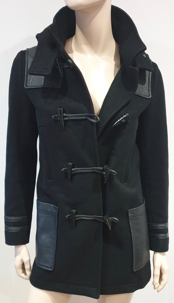 THE KOOPLES Women's Black Wool & Leather Trim Hooded Duffle Jacket Coat 34 UK8