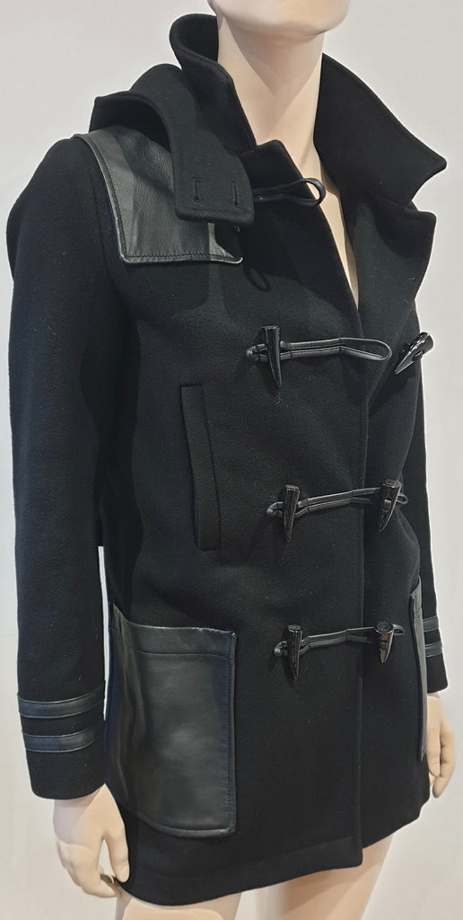 THE KOOPLES Women's Black Wool & Leather Trim Hooded Duffle Jacket Coat 34 UK8