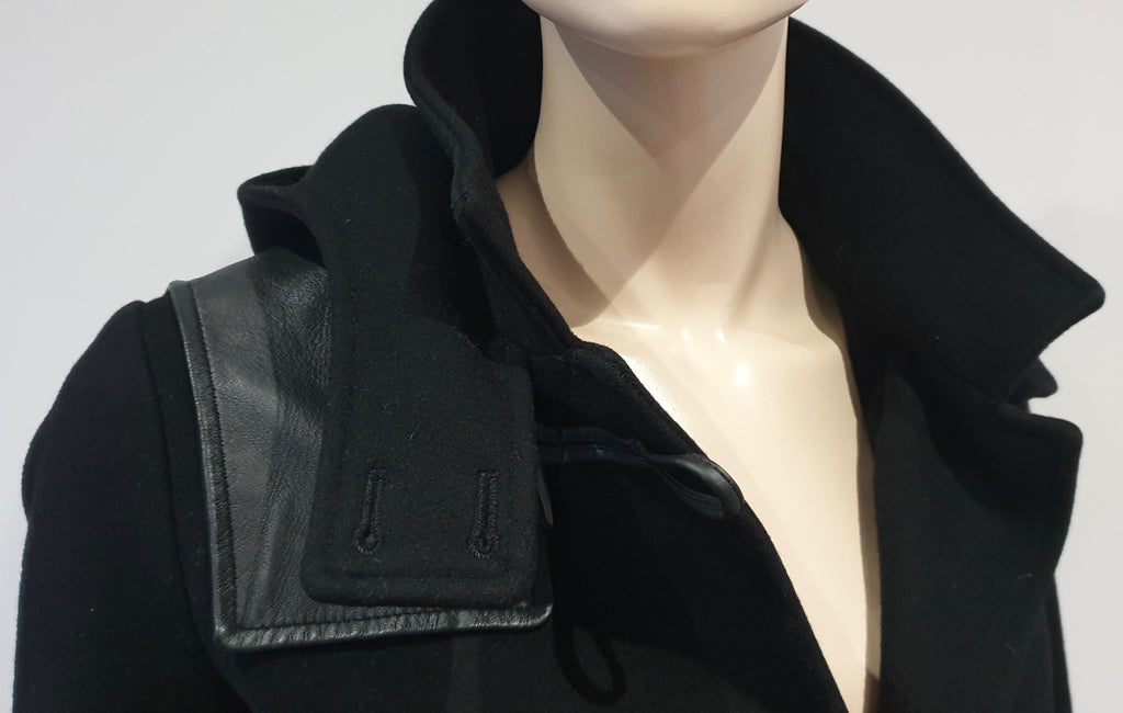 THE KOOPLES Women's Black Wool & Leather Trim Hooded Duffle Jacket Coat 34 UK8