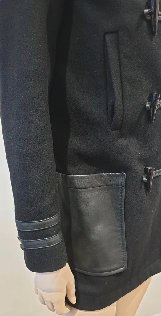 THE KOOPLES Women's Black Wool & Leather Trim Hooded Duffle Jacket Coat 34 UK8