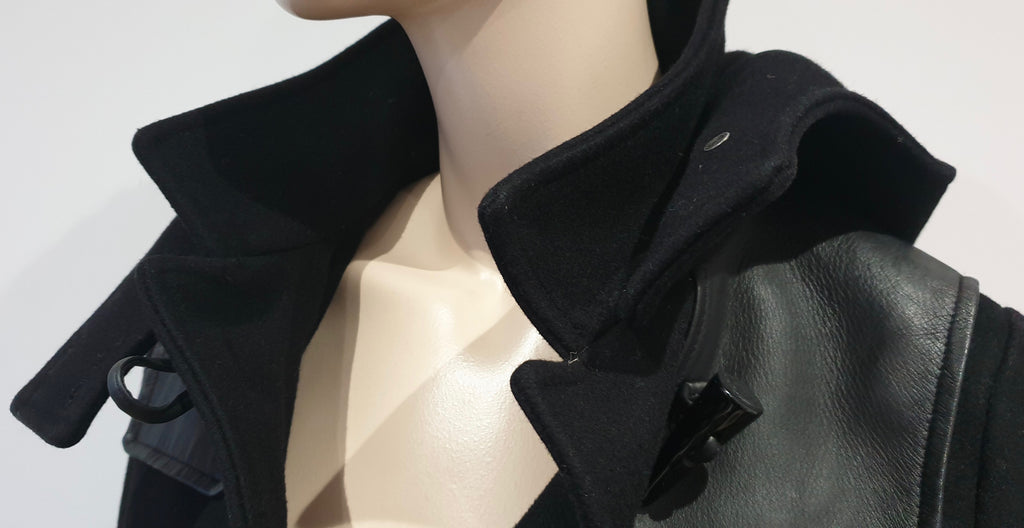 THE KOOPLES Women's Black Wool & Leather Trim Hooded Duffle Jacket Coat 34 UK8