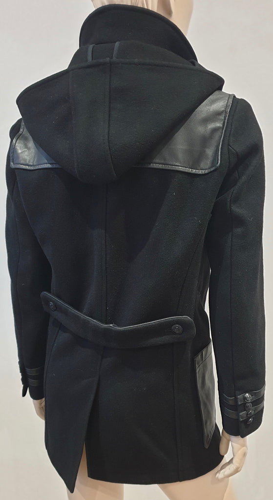 THE KOOPLES Women's Black Wool & Leather Trim Hooded Duffle Jacket Coat 34 UK8