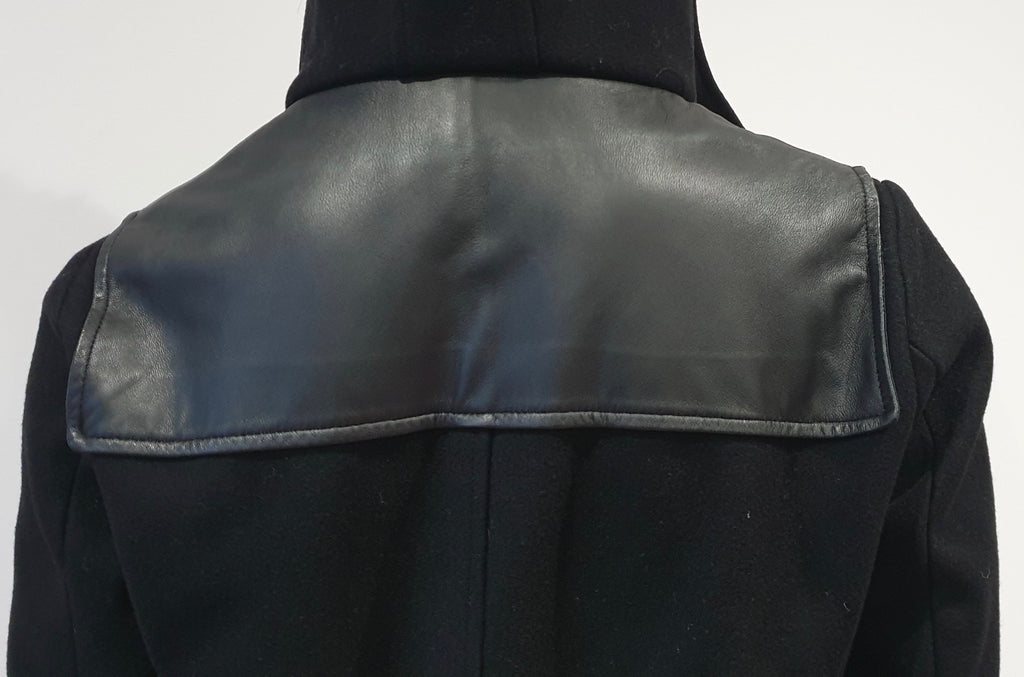 THE KOOPLES Women's Black Wool & Leather Trim Hooded Duffle Jacket Coat 34 UK8