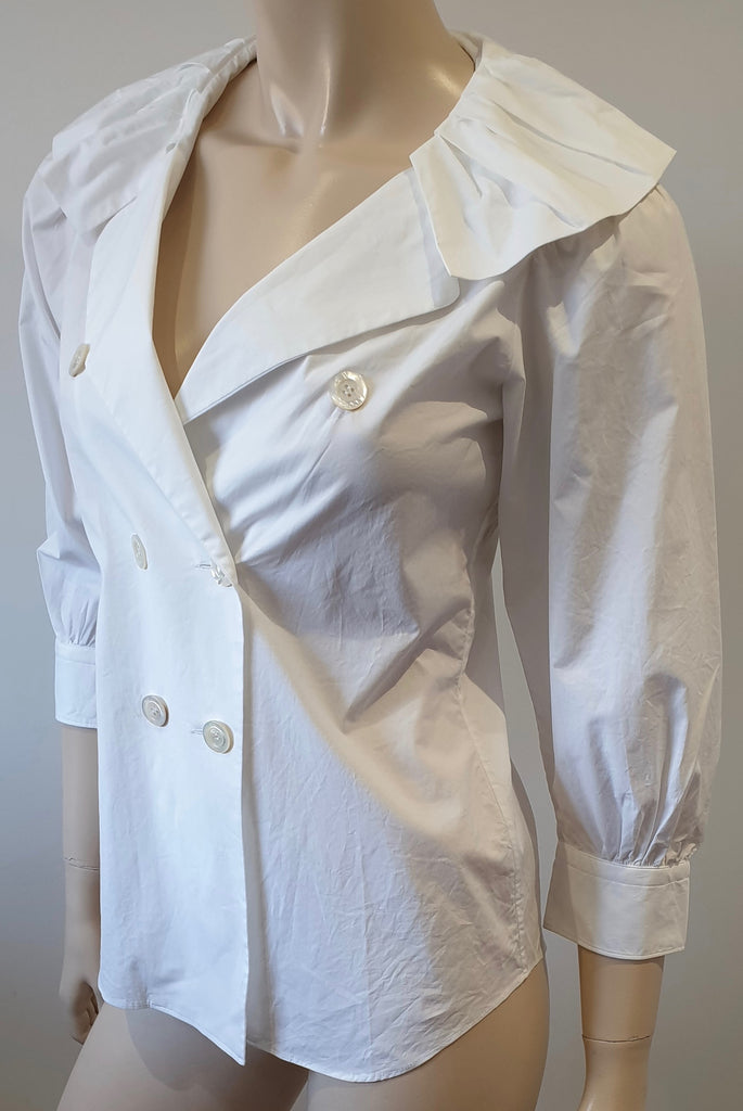 MOSCHINO White Cotton Blend Ruffle Collar Neckline 3/4 Sleeve Blouse Shirt Top
