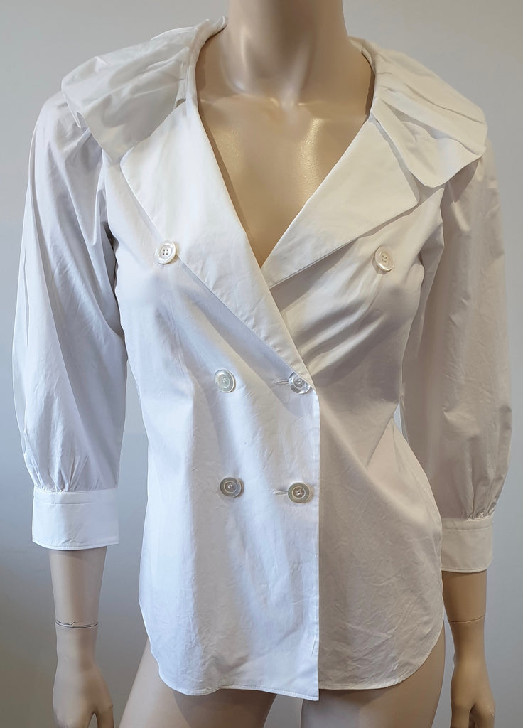 MOSCHINO White Cotton Blend Ruffle Collar Neckline 3/4 Sleeve Blouse Shirt Top