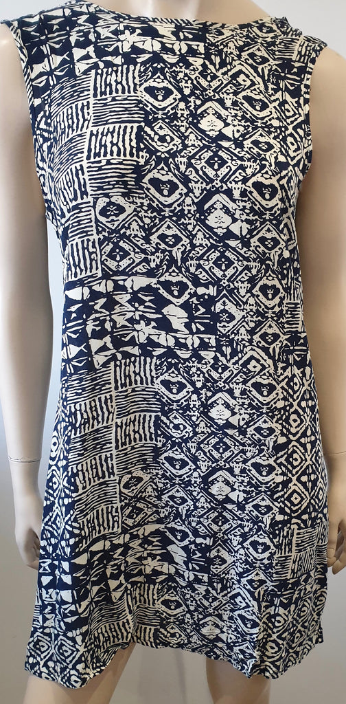WILDWOOD Greece Navy & Cream Abstract Print Round Neck Low Back Mini Dress M