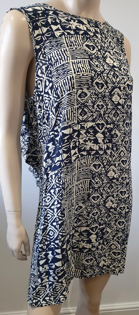 WILDWOOD Greece Navy & Cream Abstract Print Round Neck Low Back Mini Dress M