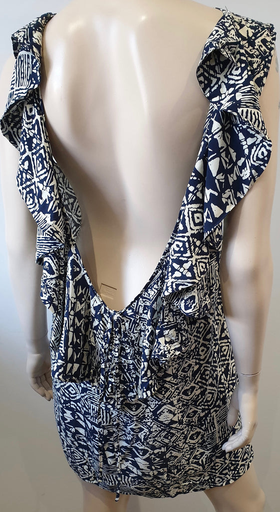 WILDWOOD Greece Navy & Cream Abstract Print Round Neck Low Back Mini Dress M