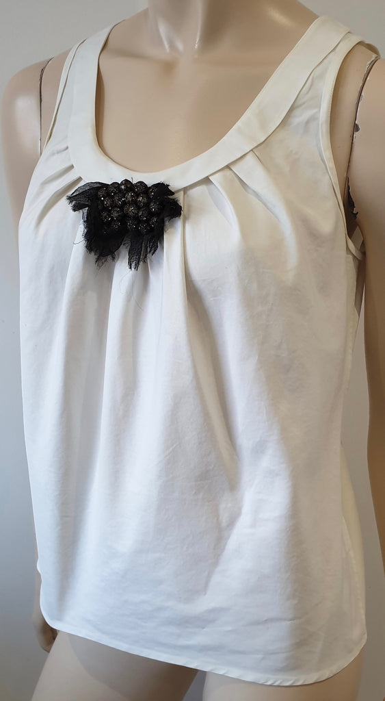 VERA WANG White Cotton Black Organza Diamante Ribbon Sleeveless Blouse Top UK10