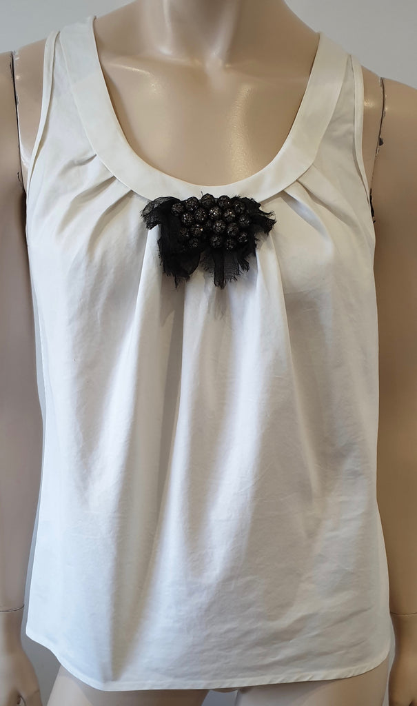 VERA WANG White Cotton Black Organza Diamante Ribbon Sleeveless Blouse Top UK10