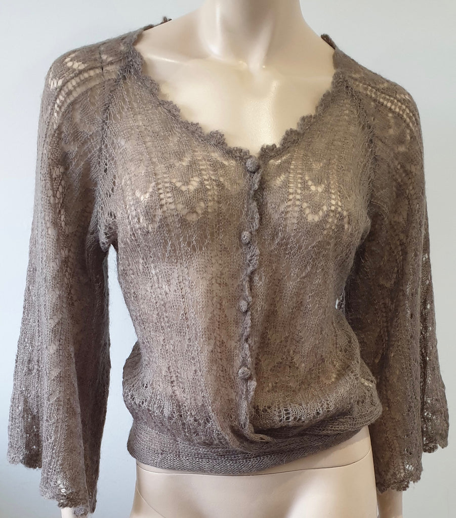 MAJE Beige Brown Mohair Blend Loose Knit Tie Waist 3/4 Flare Sleeve Cardigan