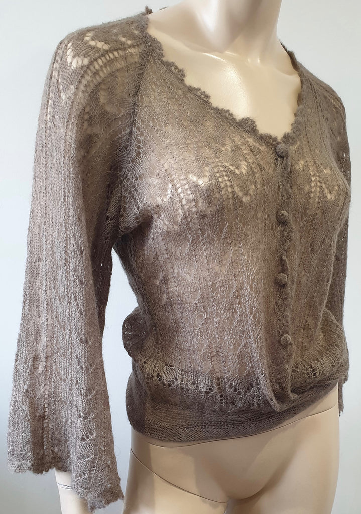 MAJE Beige Brown Mohair Blend Loose Knit Tie Waist 3/4 Flare Sleeve Cardigan