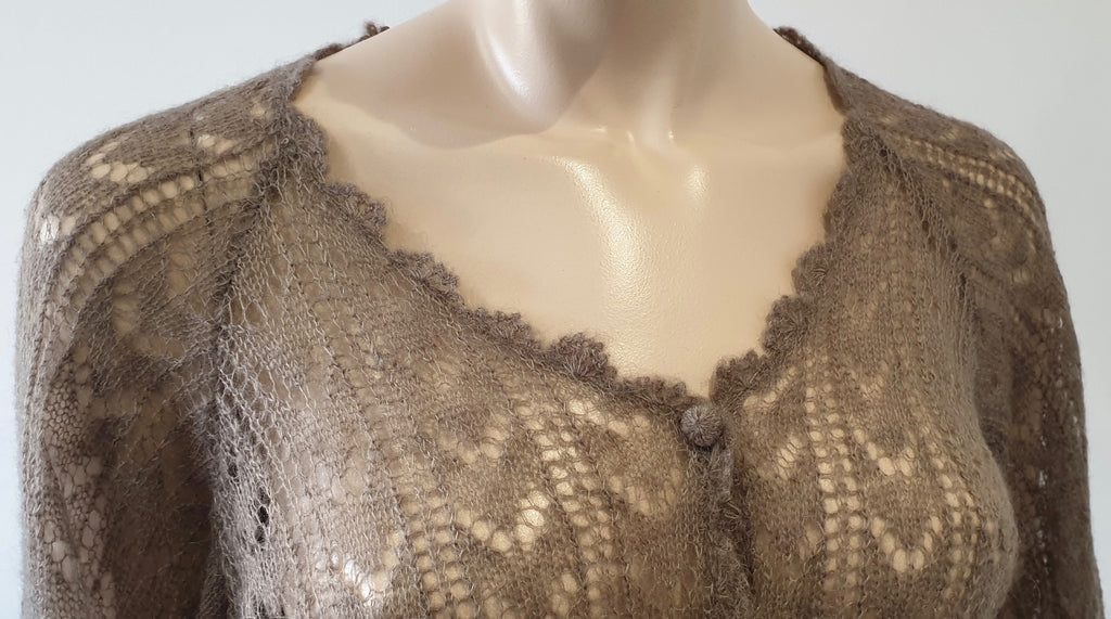 MAJE Beige Brown Mohair Blend Loose Knit Tie Waist 3/4 Flare Sleeve Cardigan
