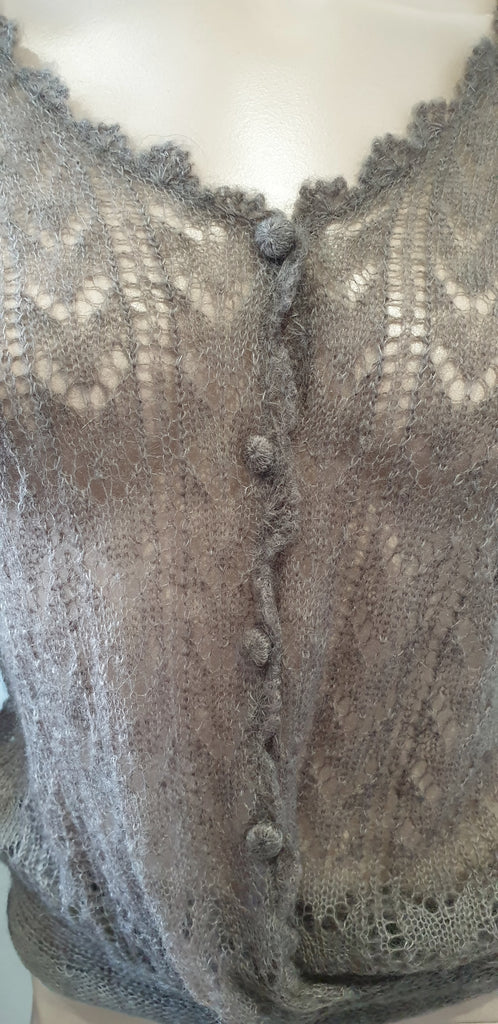 MAJE Beige Brown Mohair Blend Loose Knit Tie Waist 3/4 Flare Sleeve Cardigan