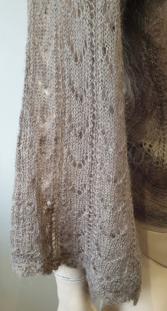 MAJE Beige Brown Mohair Blend Loose Knit Tie Waist 3/4 Flare Sleeve Cardigan