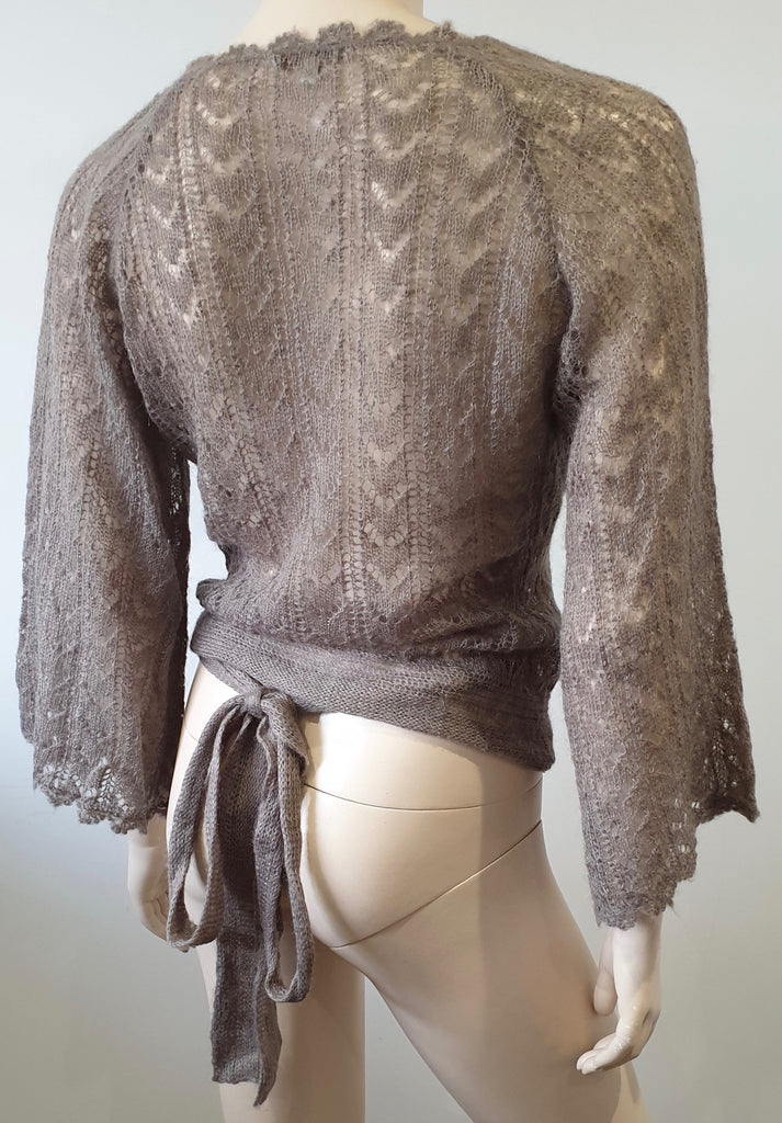 MAJE Beige Brown Mohair Blend Loose Knit Tie Waist 3/4 Flare Sleeve Cardigan