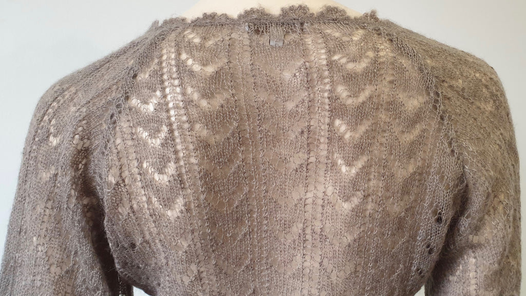 MAJE Beige Brown Mohair Blend Loose Knit Tie Waist 3/4 Flare Sleeve Cardigan