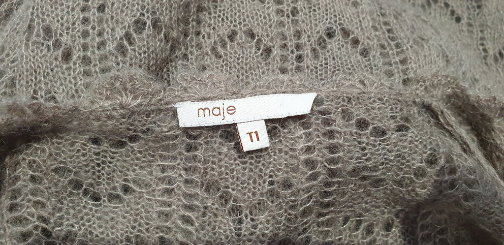 MAJE Beige Brown Mohair Blend Loose Knit Tie Waist 3/4 Flare Sleeve Cardigan