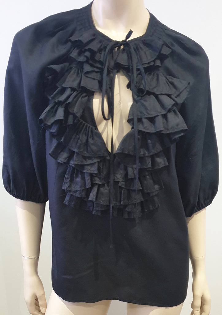 GIVENCHY Black Silk Round Tie Ruffle Neckline 3/4 Sleeve Blouse Shirt Top 36 UK8