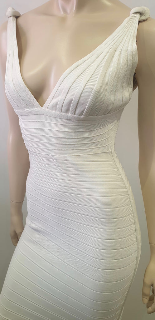 HERVE LEGER White V Neckline Sleeveless Open Back Bandage Bodycon Mini Dress M
