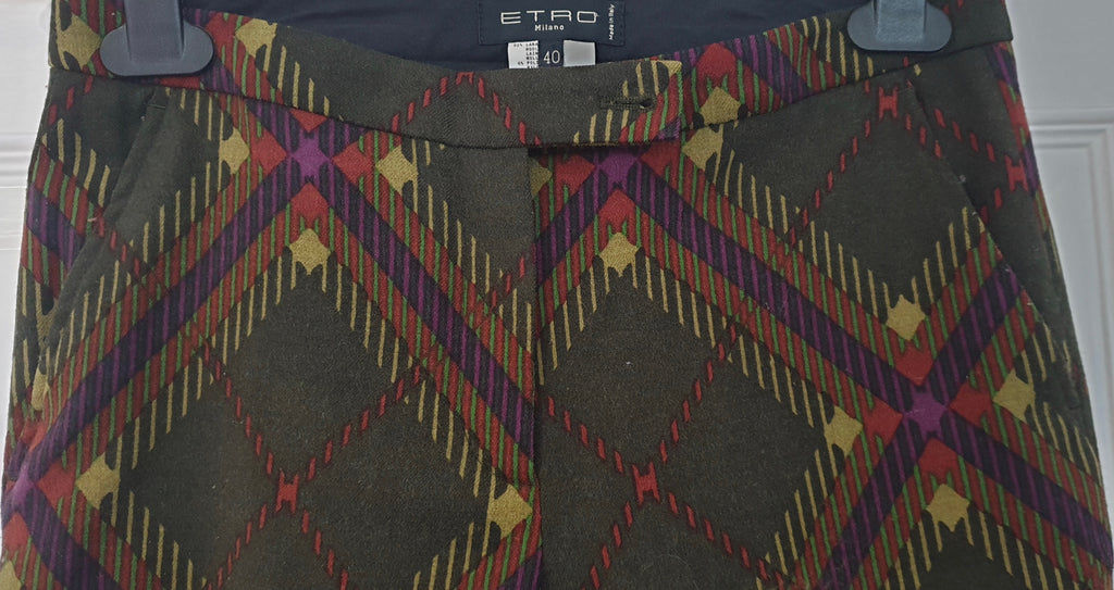ETRO Olive Green & Multi Colour Check Wool Blend Slim Fit Trousers Pants 40 UK8