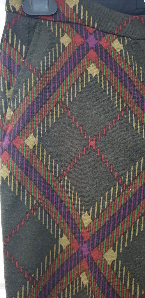 ETRO Olive Green & Multi Colour Check Wool Blend Slim Fit Trousers Pants 40 UK8