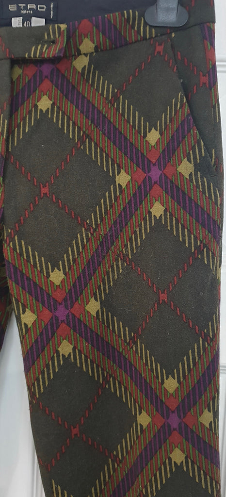 ETRO Olive Green & Multi Colour Check Wool Blend Slim Fit Trousers Pants 40 UK8