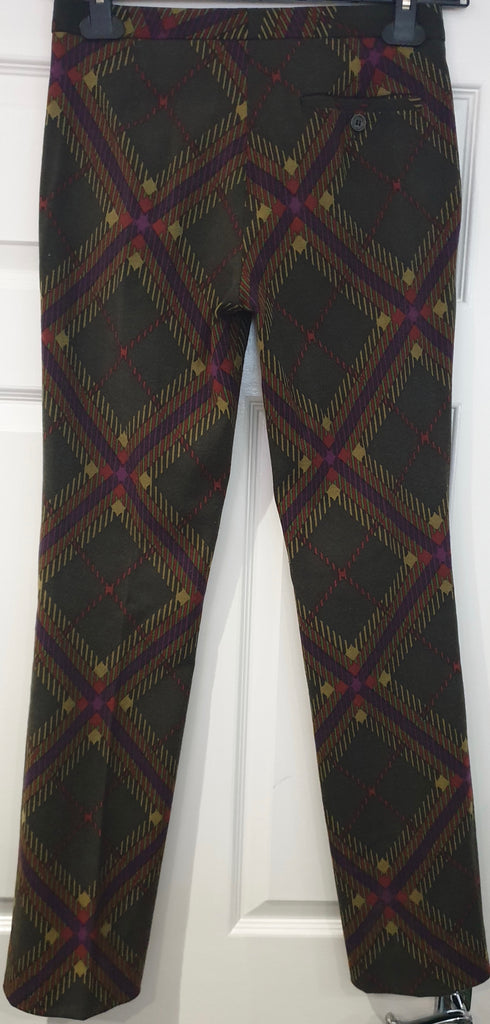ETRO Olive Green & Multi Colour Check Wool Blend Slim Fit Trousers Pants 40 UK8