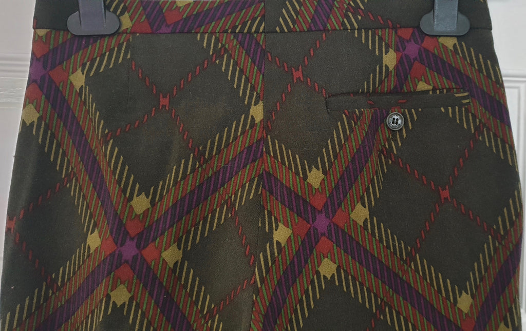 ETRO Olive Green & Multi Colour Check Wool Blend Slim Fit Trousers Pants 40 UK8