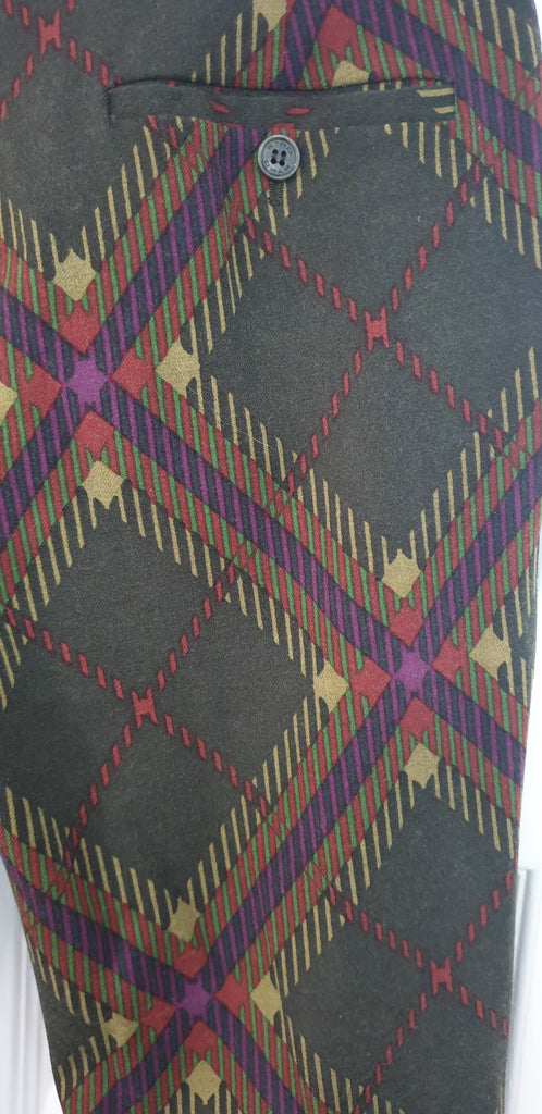 ETRO Olive Green & Multi Colour Check Wool Blend Slim Fit Trousers Pants 40 UK8