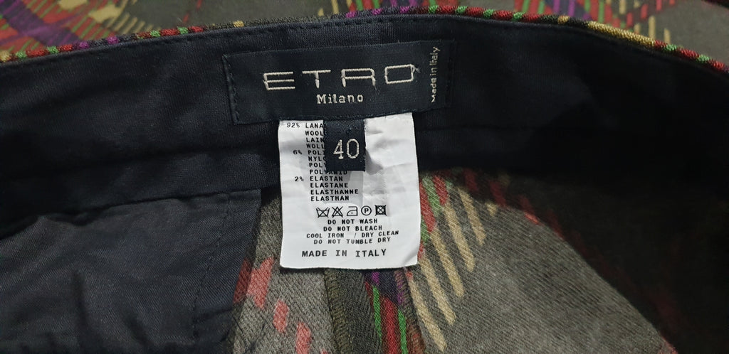ETRO Olive Green & Multi Colour Check Wool Blend Slim Fit Trousers Pants 40 UK8