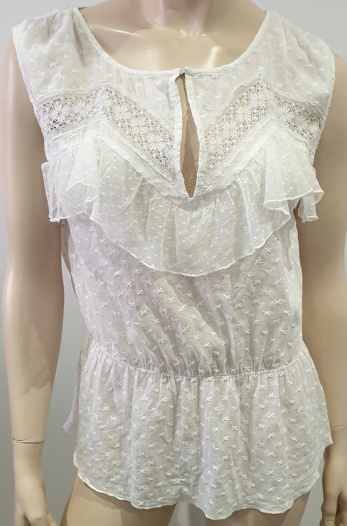 SANDRO Off White Embroidered Lace Trim Round Neck Sleeveless Blouse Shirt Top S