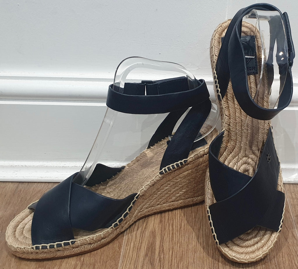 TORY BURCH Navy Blue Leather Ankle Strap Espadrille Wedge Sandals Shoes 8.5M UK6
