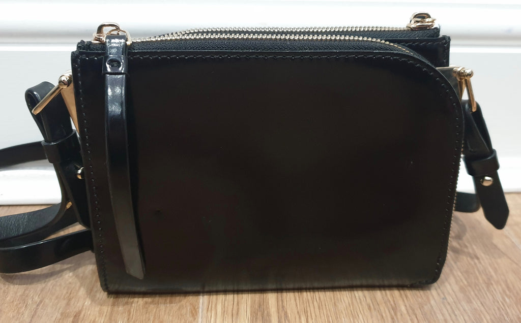 REISS Black Leather Shine ARNOTT Double Pouch Zipper Cross Body Shoulder Bag