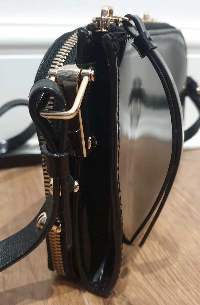 REISS Black Leather Shine ARNOTT Double Pouch Zipper Cross Body Shoulder Bag
