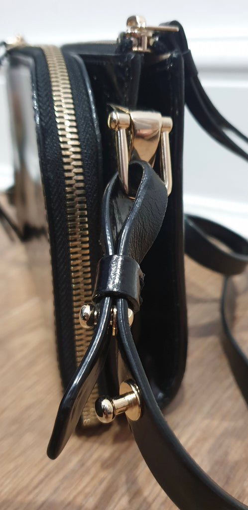 REISS Black Leather Shine ARNOTT Double Pouch Zipper Cross Body Shoulder Bag