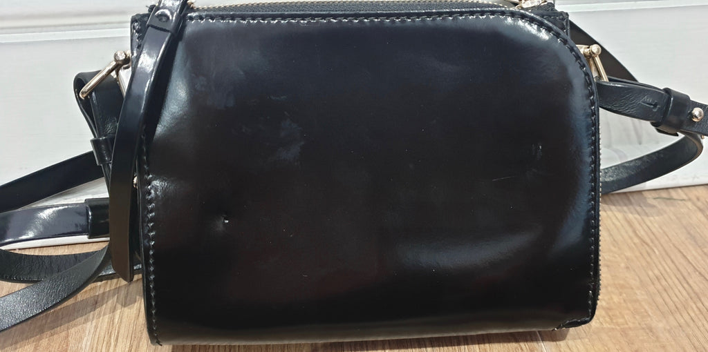 REISS Black Leather Shine ARNOTT Double Pouch Zipper Cross Body Shoulder Bag