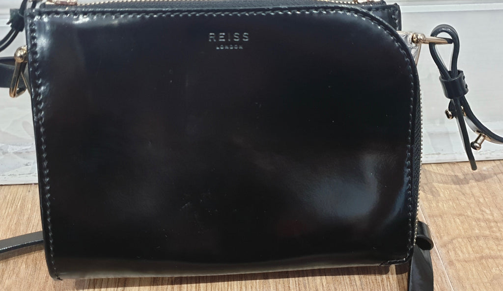 REISS Black Leather Shine ARNOTT Double Pouch Zipper Cross Body Shoulder Bag