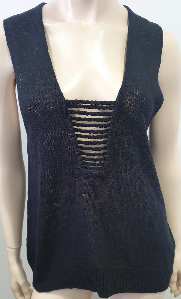 ROI Black Cotton Blend Semi Sheer Knitwear Sleeveless Vest Tank Sweater Top L