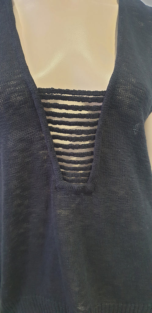 ROI Black Cotton Blend Semi Sheer Knitwear Sleeveless Vest Tank Sweater Top L