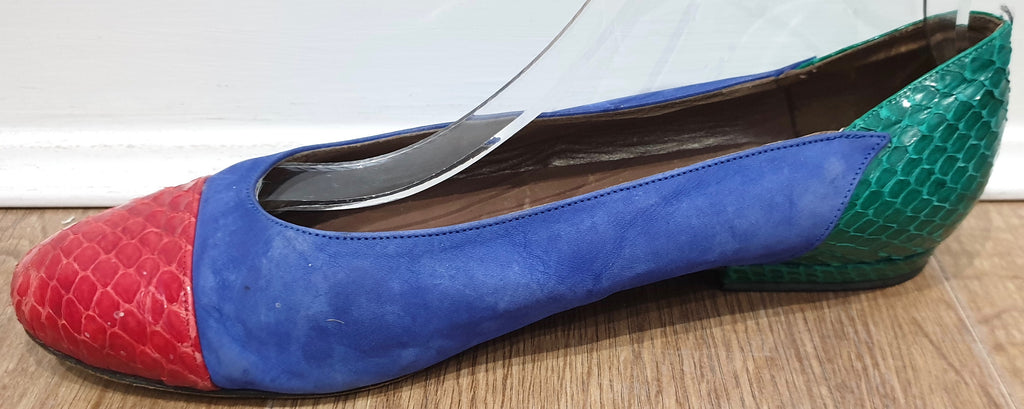 BALLY Women's Blue Red Green Suede & Leather Flat Ballerina Pumps Shoes UK7.5