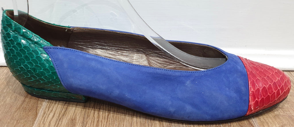 BALLY Women's Blue Red Green Suede & Leather Flat Ballerina Pumps Shoes UK7.5
