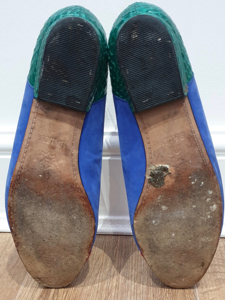 BALLY Women's Blue Red Green Suede & Leather Flat Ballerina Pumps Shoes UK7.5