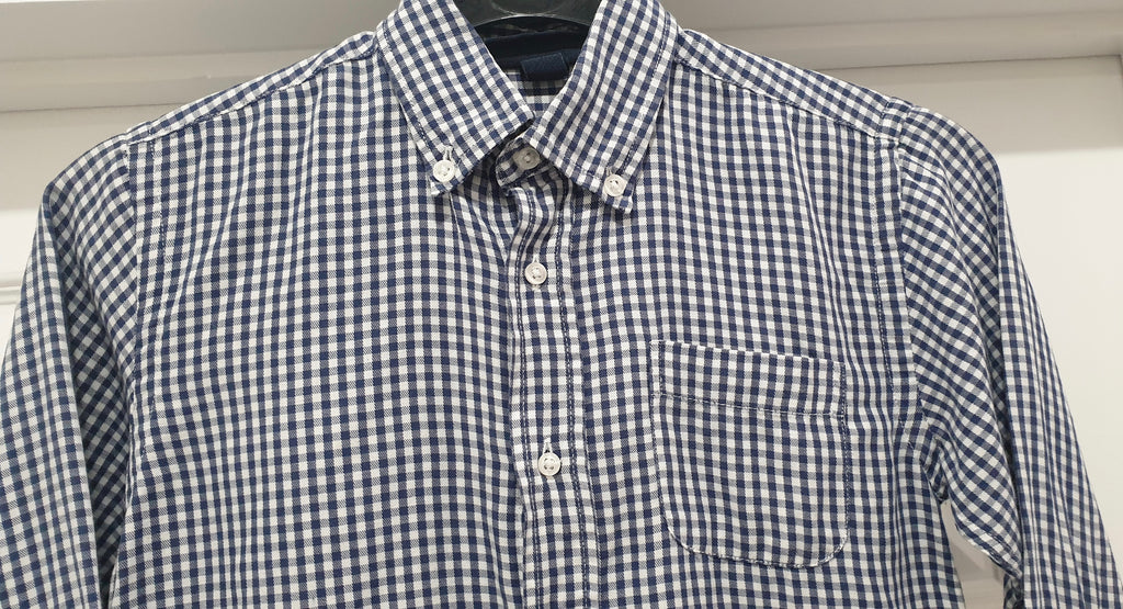OSCAR DE LA RENTE Boy's Navy & White Check Cotton Collared Long Sleeve Shirt Top